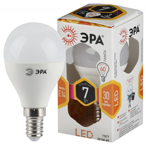 Лампа светодиодная STD P45-7W-827-E14 диод, шар, 7Вт, тепл, E14 | Б0017221 | ЭРА