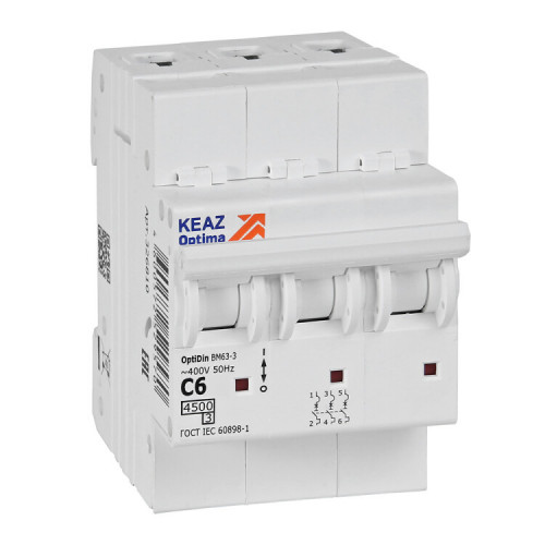 Выключатель автоматический трехполюсной OptiDin BM63-3C6-4,5-УХЛ3 | 326810 | КЭАЗ