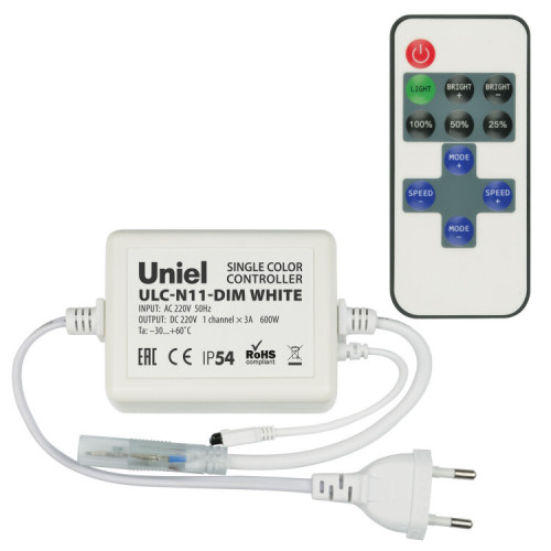 Контроллер для управления LED одноцветными ULS-2835 лентами 220В, ULC-N11-DIM WHITE 1 выход, 600Вт, с пультом ДУ ИК | UL-00002277 | Uniel