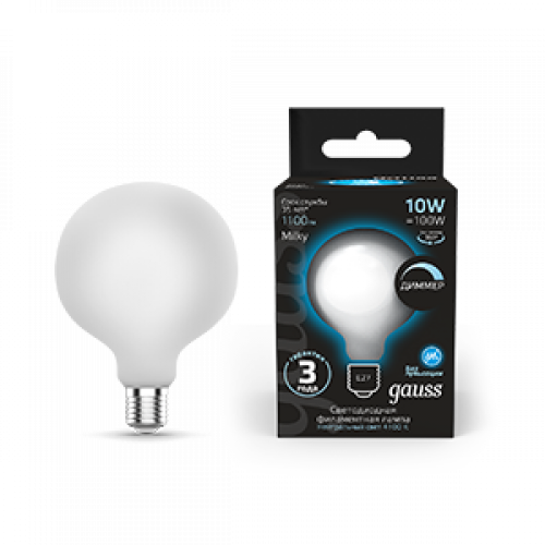 Лампа светодиодная Filament G95 10W 1100lm 4100К Е27 milky диммируемая LED 1/20 | 189202210-D | Gauss
