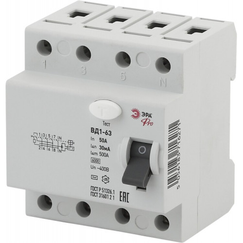 Выключатель дифференциальный (УЗО) (электромеханическое) NO-902-52 ВД1-63 3P+N 50А 30мА Pro | Б0031891 | ЭРА