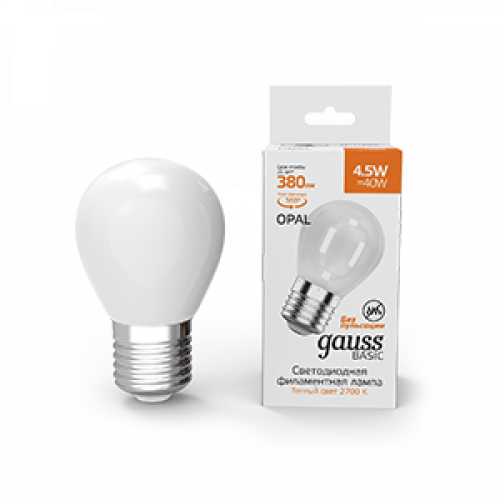 Лампа светодиодная Basic Filament Шар 4,5W 380lm 2700К Е27 milky LED 1/10/50 | 1055215 | Gauss