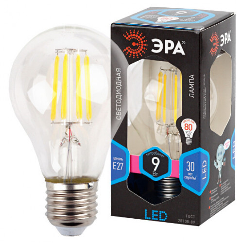 Лампа светодиодная F-LED A60-9W-840-E27 (филамент, груша, 9Вт, нейтр., Е27) | Б0043434 | ЭРА