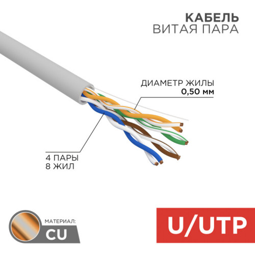 Кабель UTP 4PR 24AWG, CU (медь), CAT5e, 100 МГц, PVC, серый, бухта 25 м | 01-0043-25 | REXANT