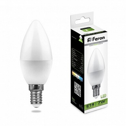 Лампа светодиодная LB-97 (7W) 230V E14 4000K свеча | 25476 | FERON