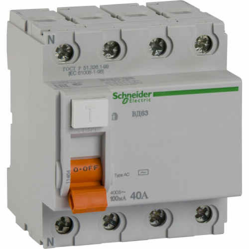 Выключатель дифференциальный (УЗО) ВД63 4п 40А 100мА тип AC | 11464 | Schneider Electric