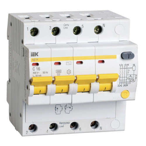 Выключатель автоматический дифференциального тока АД14 4п 16А C 30мА тип AC (5 мод) | MAD10-4-016-C-030 | IEK