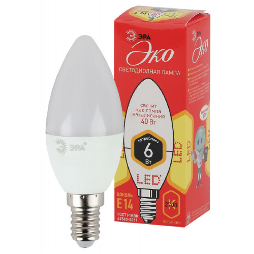 Лампа светодиодная RED LINE ECO LED B35-6W-827-E14 6Вт свеча | Б0019071 | ЭРА