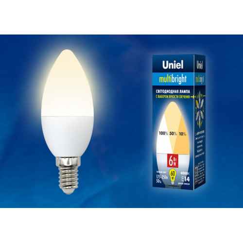Лампа светодиодная LED-C37-6W/WW/E14/FR/MB PLM11WH LED. «свеча», матовая. Серия Multibright. 3000K 100-50-10 . | UL-00002373 | Uniel