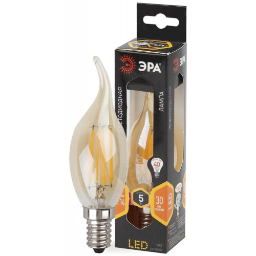 Лампа светодиодная F-LED BXS-5W-827-E14 gold Лампы СВЕТОДИОДНЫЕ F-LED ЭРА (филамент, свеча на ветру золот., 5Вт, тепл, E14) | Б0027940 | ЭРА