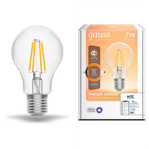 Лампа светодиодная филаментная Smart Home DIM E27 A60 7 Вт 1/10/40 | 1200112 | Gauss