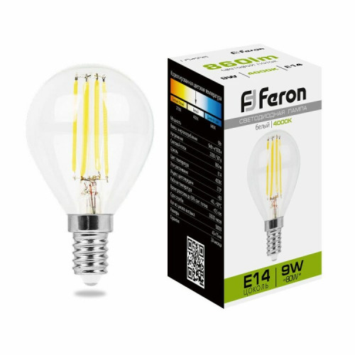 Лампа светодиодная LB-509 (9W) 230V E14 4000K филамент G45 прозрачная | 38002 | FERON