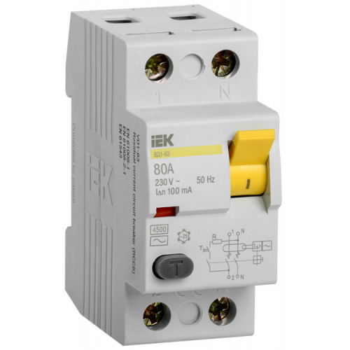 Выключатель дифференциальный (УЗО) ВД1-63 2п 80А 100мА тип AC | MDV10-2-080-100 | IEK
