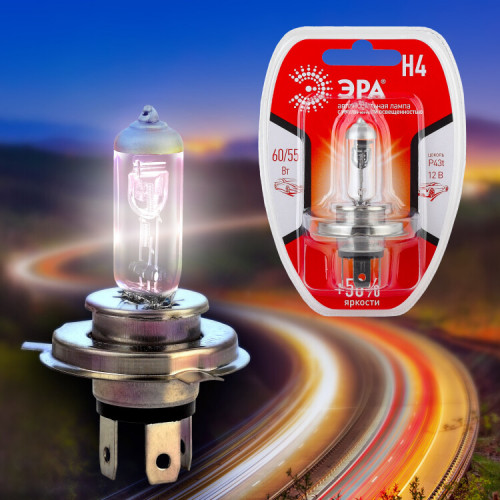Лампа автомобильная галогенная H4 12V 55W +50% P43t BL (лампа головного света) | Б0037572 | ЭРА