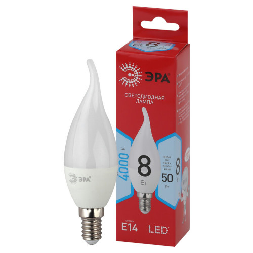 Лампа светодиодная LED BXS-8W-840-E14 R (диод, свеча на ветру, 8Вт, нейтр, E14) | Б0051848 | ЭРА