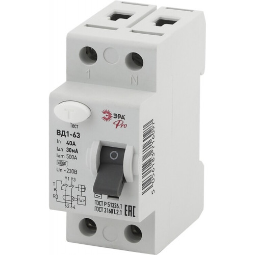 Выключатель дифференциальный (УЗО) (электромеханическое) ВД1-63 1P+N 40А 30mA N Pro (OZ)| Б0035718 | ЭРА