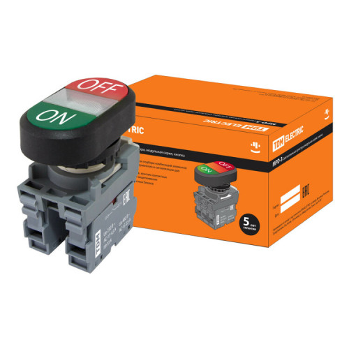 Кнопка двойная MPD3-11С (зеленая/красная) (LED) в сборе d22мм/220В (ON/OFF) линза прозрачная | SQ0747-0053 | TDM