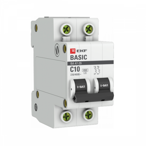 Выключатель автоматический двухполюсный ВА 47-29 10А C 4,5кА Basic | mcb4729-2-10C | EKF