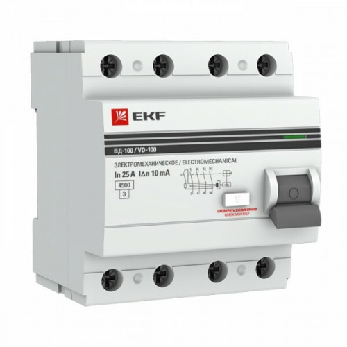 Выключатель дифференциальный (УЗО) ВД-100 4P 50А/30мА (тип АС, электромеханическое) PROxima | elcb-4-50-30-em-pro | EKF