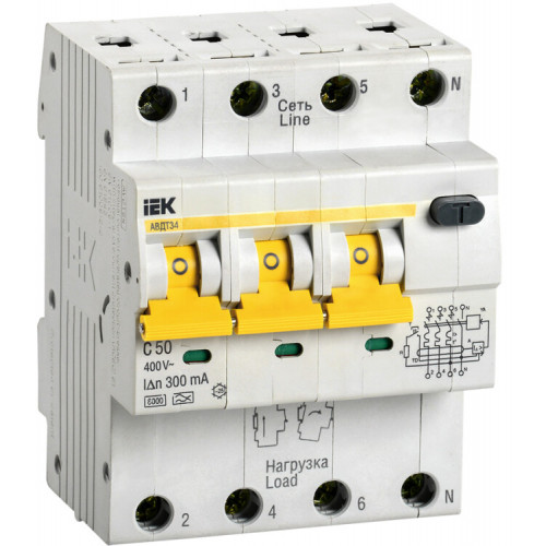 Выключатель автоматический дифференциального тока АВДТ 34 3п+N 50А C 300мА тип A | MAD22-6-050-C-300 | IEK