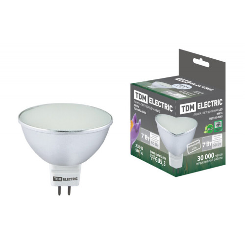 Лампа светодиодная LED 7Вт GU5.3 220В 4000К MR16 SMD (с матовым стеклом) отражатель (рефлектор) | SQ0340-0063 | TDM