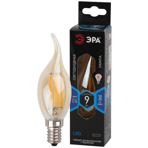 Лампа светодиодная F-LED BXS-9W-840-E14 gold (филамент, свеча на ветру золот, 7Вт, нетр, E14) | Б0047010 | ЭРА