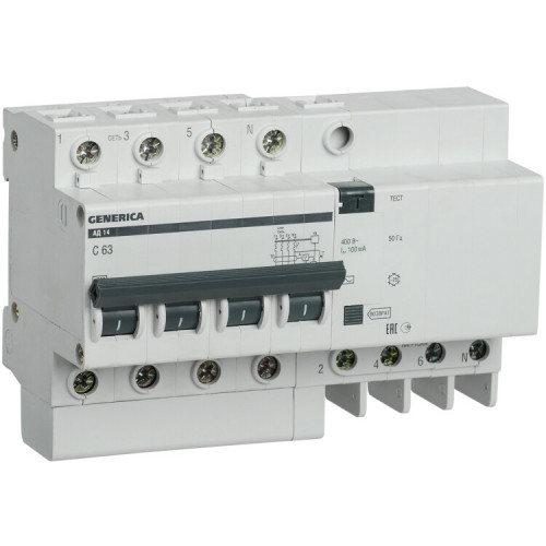 Выключатель автоматический дифференциального тока АД14 GENERICA 4п 63А C 100мА тип AC (8 мод) | MAD15-4-063-C-100 | IEK