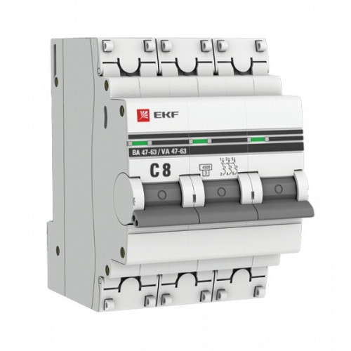 Выключатель автоматический трехполюсный ВА 47-63 8А C 4,5кА PROxima | mcb4763-3-08C-pro | EKF
