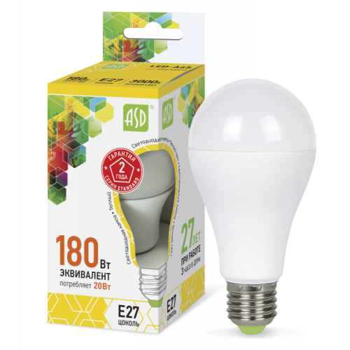 Лампа светодиодная LED-A60-standard 20Вт 230В Е27 3000К 1800Лм | 4690612004198 | ASD