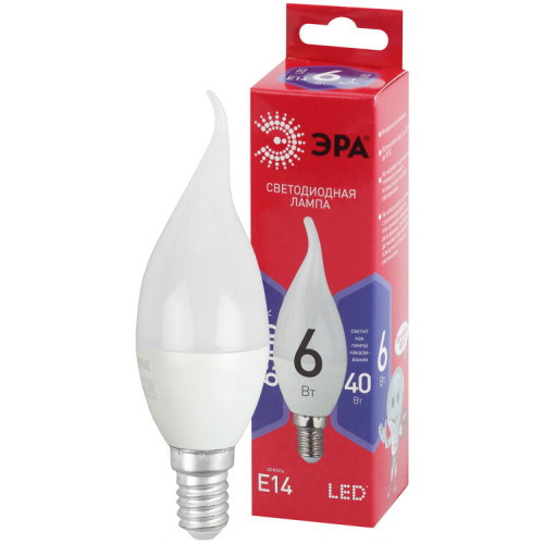 Лампа светодиодная RED LINE LED BXS-6W-865-E14 R E14 / Е14 6Вт свеча на ветру холодный дневной свет | Б0045344 | ЭРА