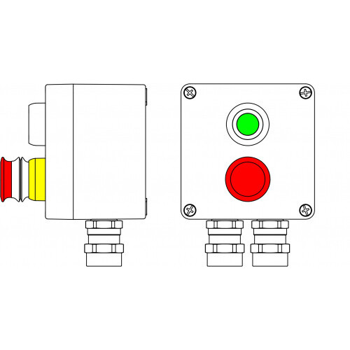 Ex пост управления из алюминия; 1Ex d e IIC T6 Gb X / Ex tb IIIB T80°CDb X / IP66; Аварийная кнопка красная, 1NC/1NO -1 шт.; Кнопка Зеленая,1NC/1NO -1