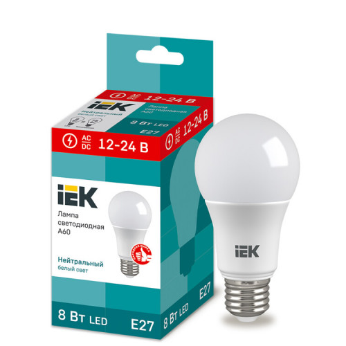 Лампа светодиодная низковольтная A60 шар 8Вт 12-24В 4000К E27 | LLE-A60-08-12-24-40-E27 | IEK