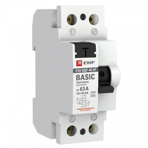 Выключатель дифференциальный (УЗО) ВД-40 2п 63А 30мА тип AC (электронный) Basic | elcb-2-63-30e-sim | EKF