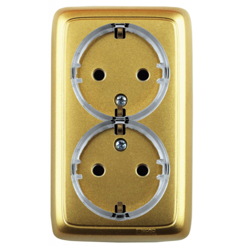 Розетка открытой установки, двухместная, с заземляющим контактом, цвет золото | РА16-181-07 | HEGEL