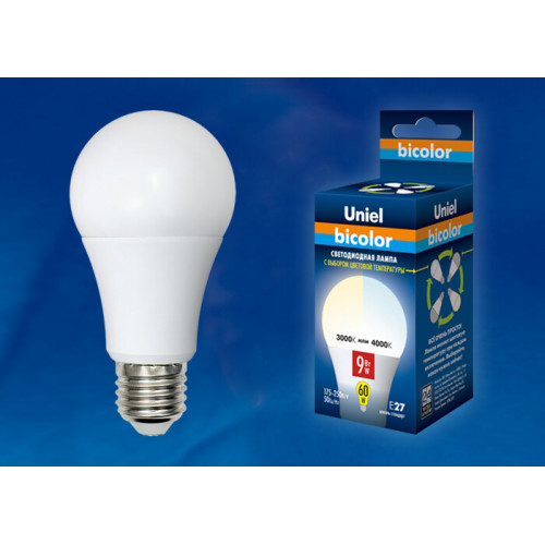 Лампа светодиодная LED-A60-9W/WW+NW/E27/FR PLB01WH LED. «груша», матовая. серия Bicolor. . | UL-00001569 | Uniel