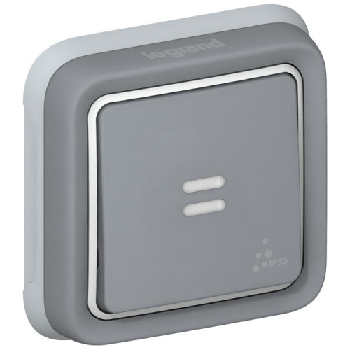 Plexo Серый Выключатель 1-клавишный с подсв. кнопочный (НО+НЗ- контакт) внутренний монтаж (в сборе) IP55 | 069821 | Legrand
