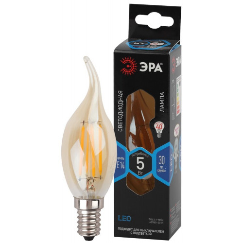 Лампа светодиодная F-LED BXS-5W-840-E14 gold (филамент, свеча на ветру золот, 5Вт, нетр, E14) | Б0047007 | ЭРА