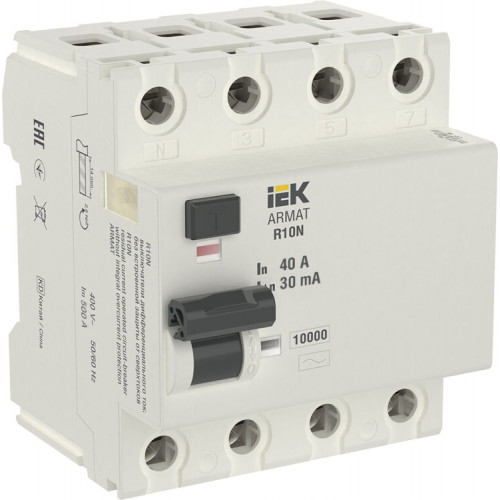 Выключатель дифференциальный (УЗО) R10N 4P 40А 30мА тип AC ARMAT | AR-R10N-4-040C030 | IEK