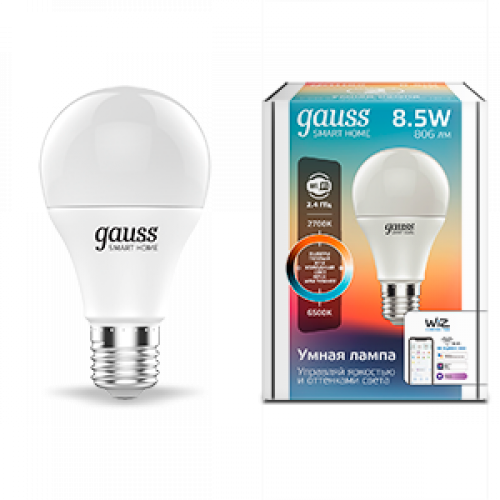 Лампа Светодиодная Smart Home DIM+CCT E27 A60 8.5 Вт 1/10/100 | 1130112 | Gauss