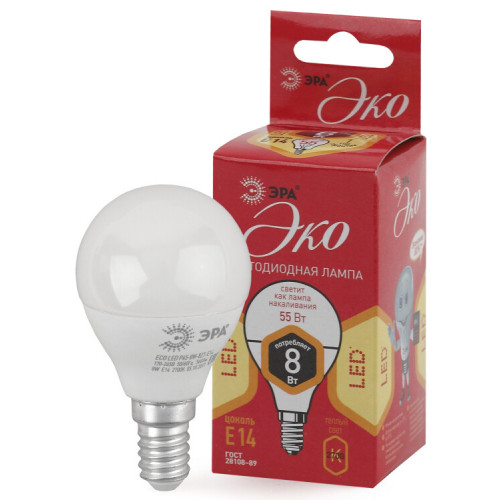 Лампа cветодиодная ECO LED P45-8W-827-E14 (диод, шар, 8Вт, тепл, E14) (10/100/3500) | Б0030022 | ЭРА