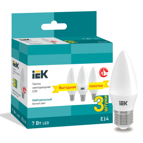 Лампа светодиодная LED C35 свеча 7Вт 230В 4000К E14 (3шт/упак) | LLE-C35-07-230-40-E14-3 | IEK