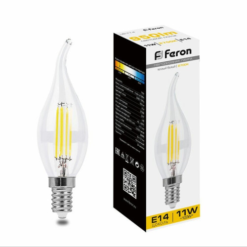 Лампа светодиодная LB-714 (11W) 230V E14 2700K филамент С35T прозрачная | 38010 | FERON