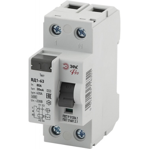 Выключатель дифференциальный (УЗО) (электромеханическое) NO-902-55 ВД1-63 1P+N 80А 30мА Pro | Б0031894 | ЭРА