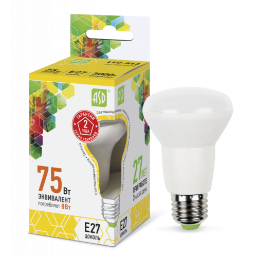 Лампа светодиодная LED-R63-standard 8Вт 230В Е27 3000К 720Лм | 4690612001616 | ASD