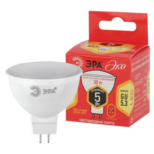 Лампа светодиодная ECO LED MR16-5W-827-GU5.3 (диод, софит, 5Вт, тепл, GU5.3) (10/200/6000) | Б0020622 | ЭРА