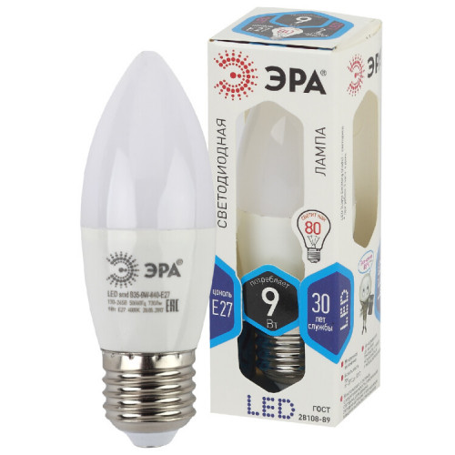 Лампа светодиодная LED 9Вт Е27 4000К smd B35-9w-840-E27 свеча | Б0027972 | ЭРА