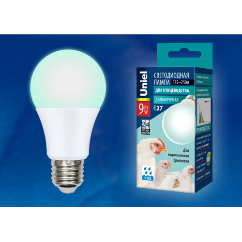 Лампа светодиодная LED-A60-9W/SCBG/E27/FR/DIM IP65 PLO65WH LED диммируемая для бройлеров. Спектр синий и зеленый | UL-00003190 | Uniel