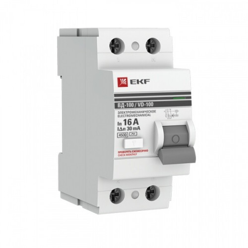 Выключатель дифференциальный (УЗО) ВД-100 2п 16А 30мА тип AC PROxima | elcb-2-16-30-em-pro | EKF