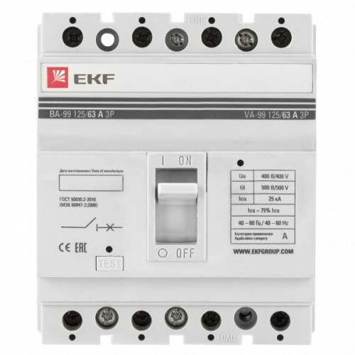 Автоматический выключатель ВА-99 125/63А 4P 25кА EKF | mccb99-125-63-4P | EKF