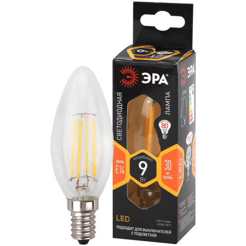 Лампа светодиодная F-LED B35-9w-827-E14 (филамент, свеча, 9Вт, тепл, E14) | Б0046991 | ЭРА